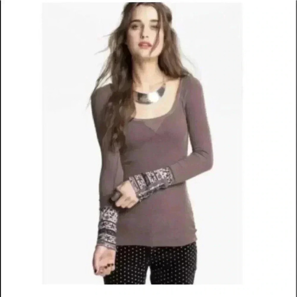 We The Free Tops - Free People Hyperactive Hippie Cuff Studded Buttons Thermal Top Brown XS